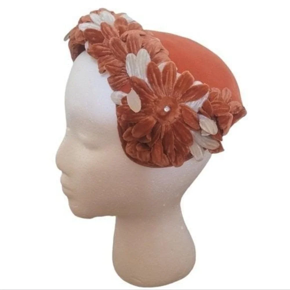 Vintage 1940's Millinery Burnt Orange and Cream Velvet and Rhinestone Floral Hat - Picture 2 of 5